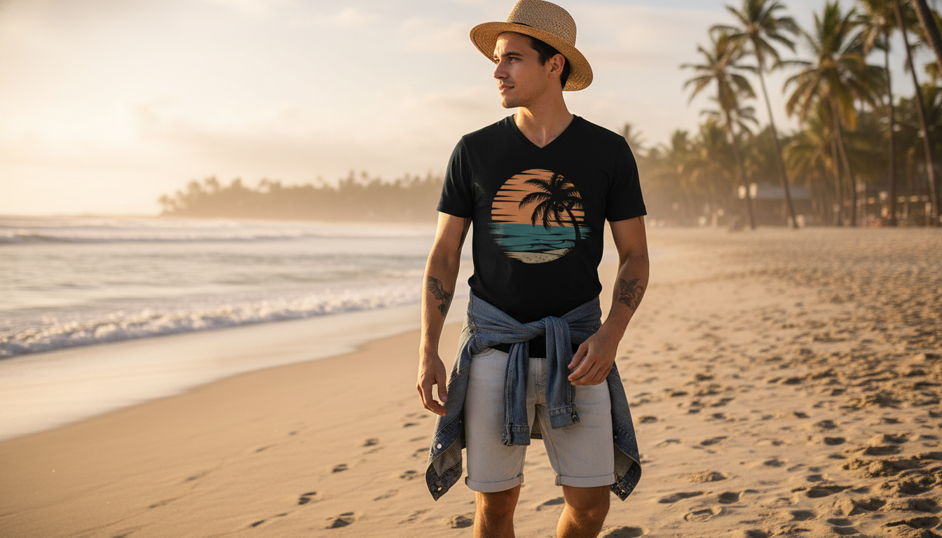 Retro Tropical Sunset V-Neck Tee: Summer Palm Style
